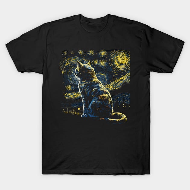 Starry Night Inspired Cat Gifts Funny Cat T-Shirt by KsuAnn